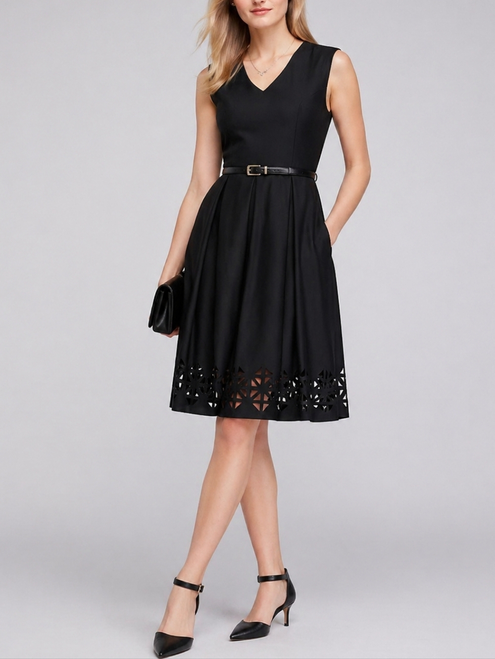 Calvin Klein Black Dress With Laser Cut Sz 6 Midi Black Dress